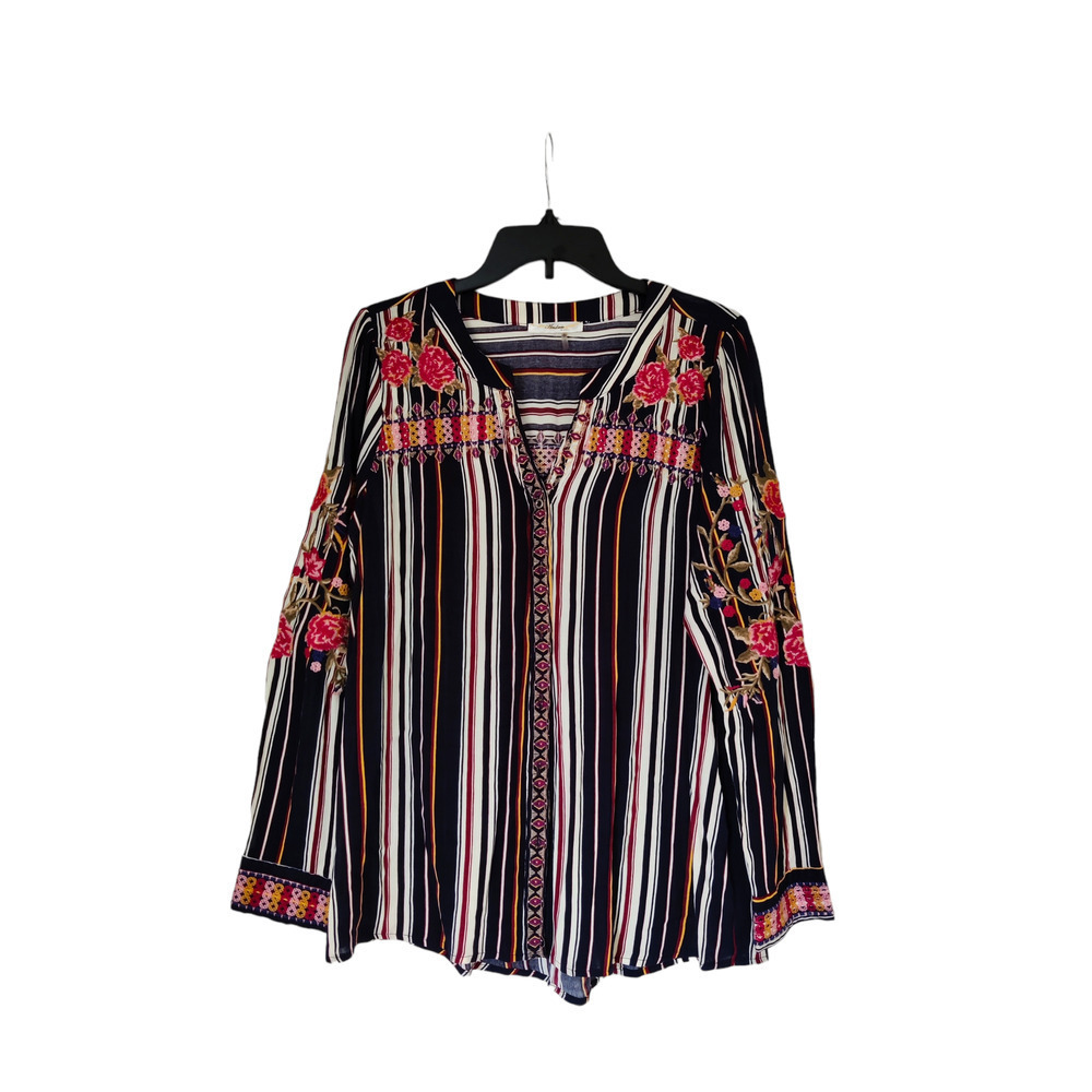 Floral Embroidered Multicolor Blouse Long Sleeve Button Front Striped Size S/M